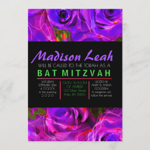 Invitación ROSAS DEL COLOR DEL AGUA PURPER NEON Bat Mitzvah