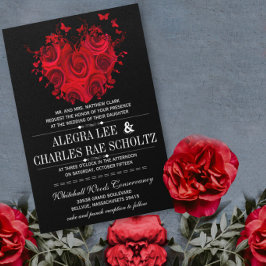 Invitación Rosas del corazón rojo y negro mariposa Bodas