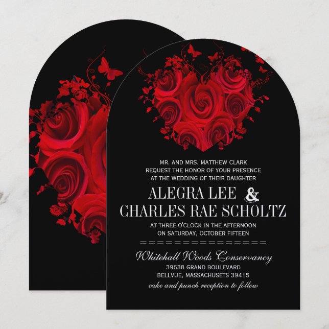 Invitación Rosas del corazón rojo y negro mariposa Bodas (Anverso / Reverso)