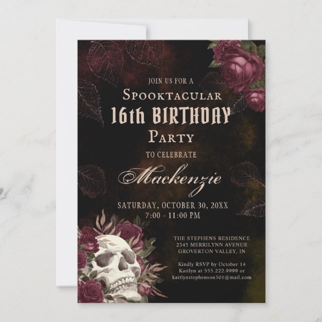 Invitación Rosas del cráneo de cumpleaños Fiesta oscuro de Gr (Anverso)