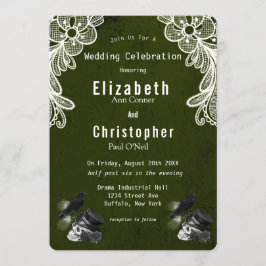 Invitación Rosas del cráneo del cuervo verde esmeralda Boda g