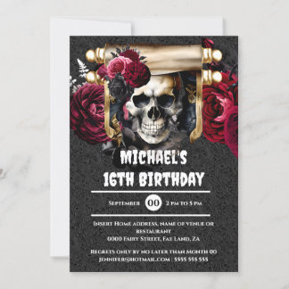 Invitación Rosas del cráneo gótico pirata niños adultos cuero