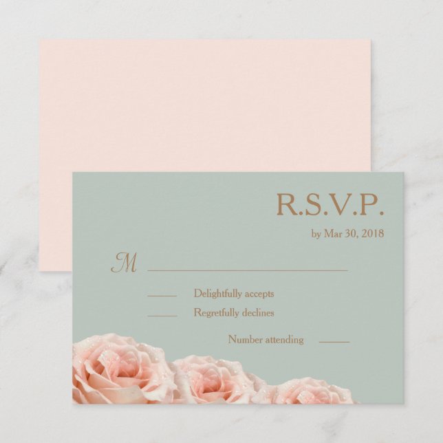 Invitación Rosas del Dewy Rosado de Rubor Floral Sage Wedding (Anverso / Reverso)