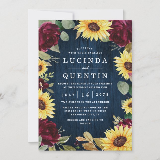 Invitación Rosas del girasol Boda rojo y azul de la Marina de (Anverso)