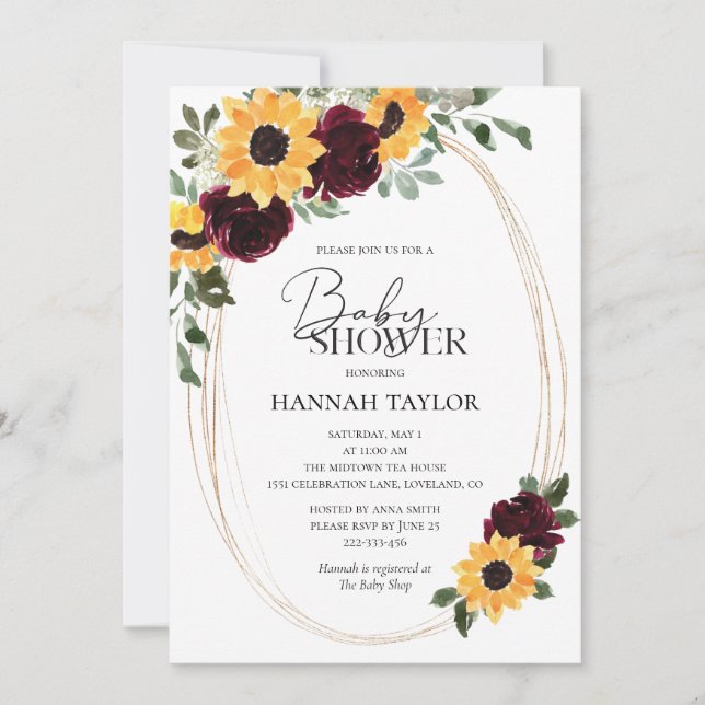 Invitación Rosas del girasol Burgundy Floral Baby Shower (Anverso)