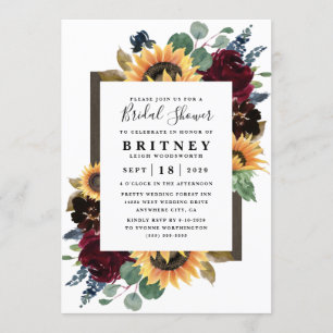 Invitación Rosas del girasol Ducha azul de la Marina Borgoña