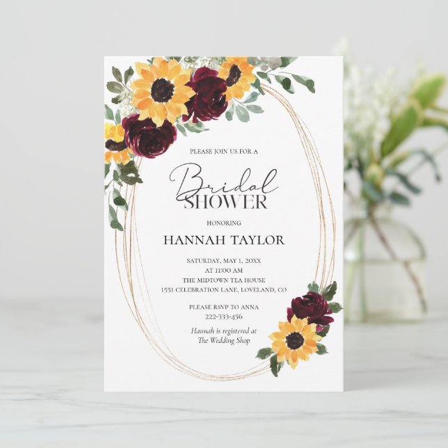 Invitación Rosas del girasol Ducha de novia floral borgoñona (Anverso de pie)