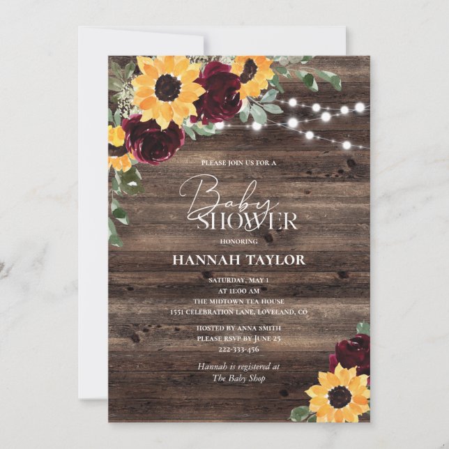 Invitación Rosas del girasol Floral Wood Baby Shower (Anverso)