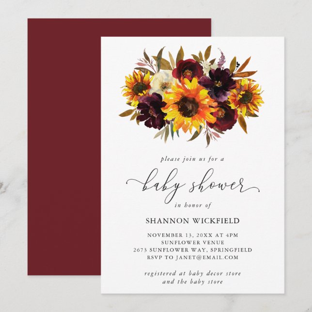 Invitación Rosas del girasol Red Purple Rustic Fall Baby Show (Anverso / Reverso)
