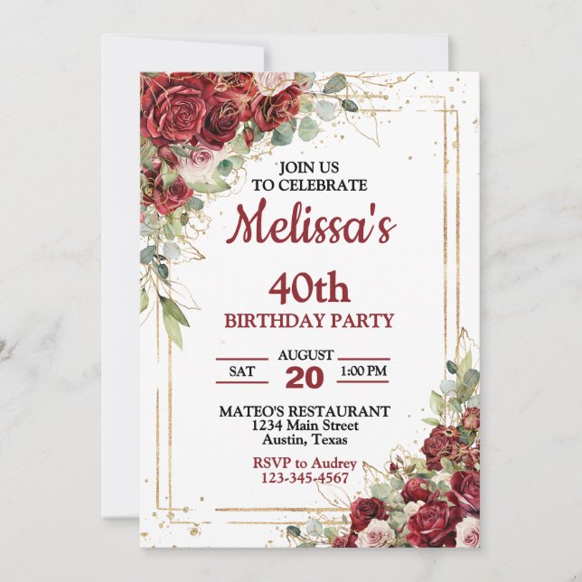 Invitación Rosas del marco rojo y oro profundo cualquier año  (Anverso)
