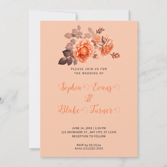 Invitación Rosas del Naranja de otoño Boda Bouquet Peach (Anverso)