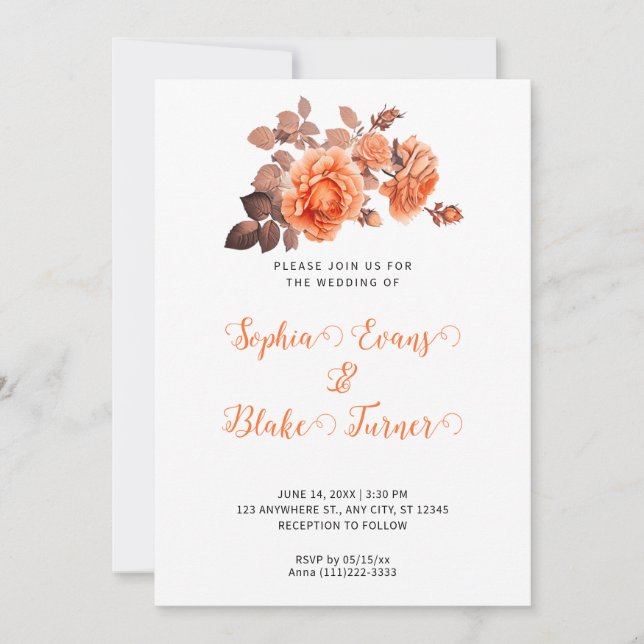 Invitación Rosas del Naranja de Otoño Bouquet Boda Blanco (Anverso)