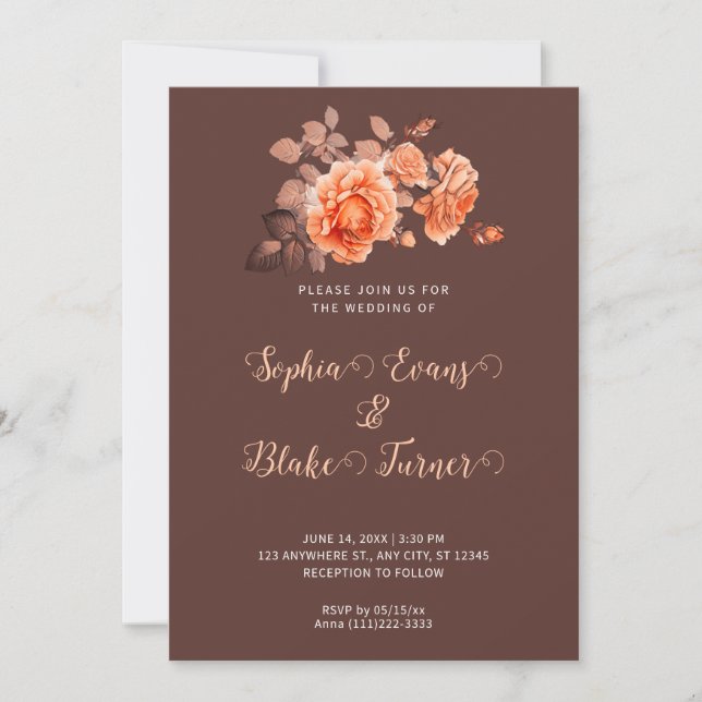 Invitación Rosas del Naranja de otoño Bouquet Brown Boda (Anverso)
