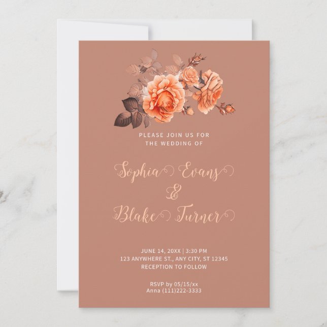 Invitación Rosas del Naranja de otoño Bouquet Brown Boda (Anverso)