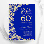 Invitación Rosas del oro azul real sorprenden a los 60 años<br><div class="desc">Invitación a la fiesta de cumpleaños número 60 de Royal Blue Gold Floral Surprise. Diseño elegante con rosas, Relieve metalizado de oro falso y tipografía tipo guión. La carta de invitación a la moda es perfecta para una elegante celebración de cumpleaños femenina. Se puede personalizar a cualquier edad. Invitaciones Zazzle...</div>