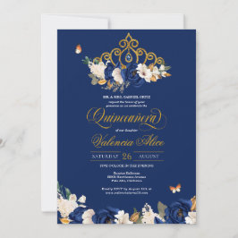 Invitación Rosas del oro azul real Tiara Butterfly Quinceañer