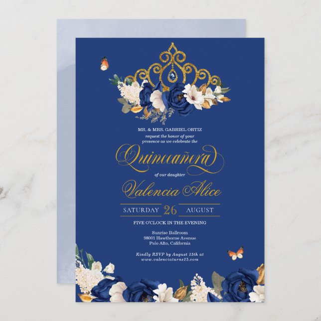 Invitación Rosas del oro azul real Tiara Butterfly Quinceañer (Anverso / Reverso)