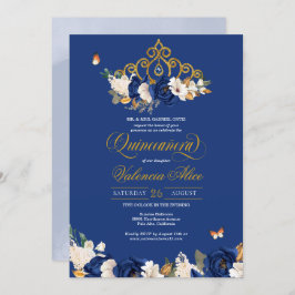 Invitación Rosas del oro azul real Tiara Butterfly Quinceañer
