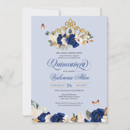 Invitación Rosas del oro azul real Tiara Butterfly Quinceañer
