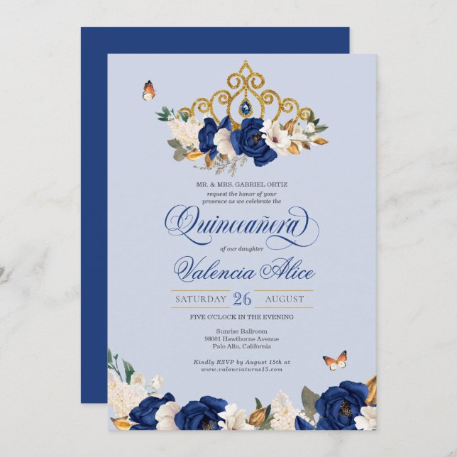 Invitación Rosas del oro azul real Tiara Butterfly Quinceañer (Anverso / Reverso)