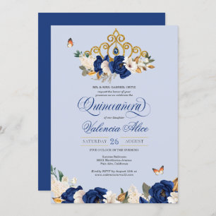 Invitación Rosas del oro azul real Tiara Butterfly Quinceañer