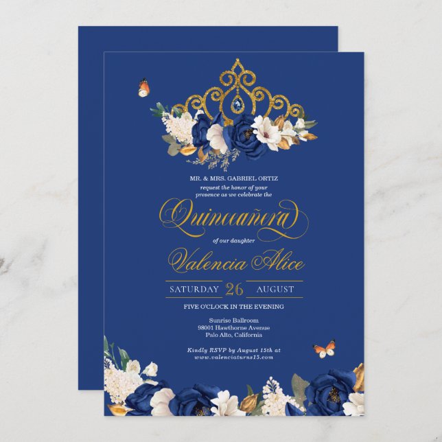 Invitación Rosas del oro azul real Tiara Butterfly Quinceañer (Anverso / Reverso)