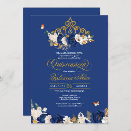 Invitación Rosas del oro azul real Tiara Butterfly Quinceañer