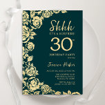 Invitación Rosas del oro verde esmeralda sorprenden a los 30<br><div class="desc">Floral de oro verde esmeralda Sorpresa 30 cumpleaños invitación a fiesta. Diseño elegante con rosas, Relieve metalizado de oro falso y tipografía tipo guión. La carta de invitación a la moda es perfecta para una elegante celebración de cumpleaños femenina. Se puede personalizar a cualquier edad. Invitaciones Zazzle impresas o una...</div>