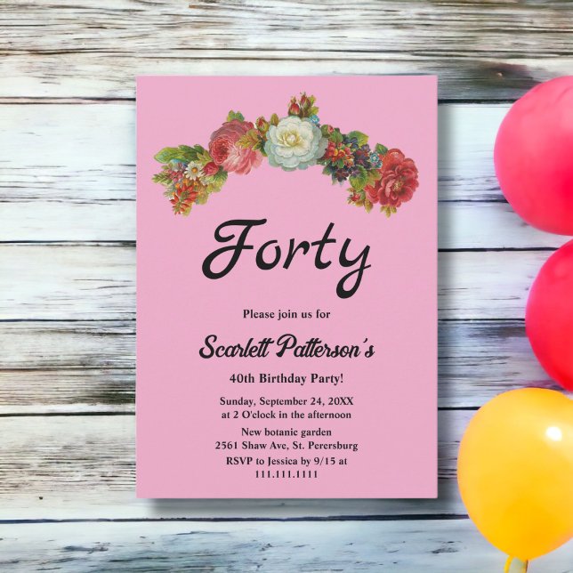 Invitación Rosas del país de Rubor Floral Elegant 40 cumpleañ (Subido por el creador)