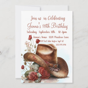Invitación Rosas del país, Gorra de Cowboy, 18º cumpleaños