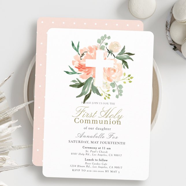 Invitación Rosas del Peach Chica de la Cruz Blanca Primera Co (Subido por el creador)
