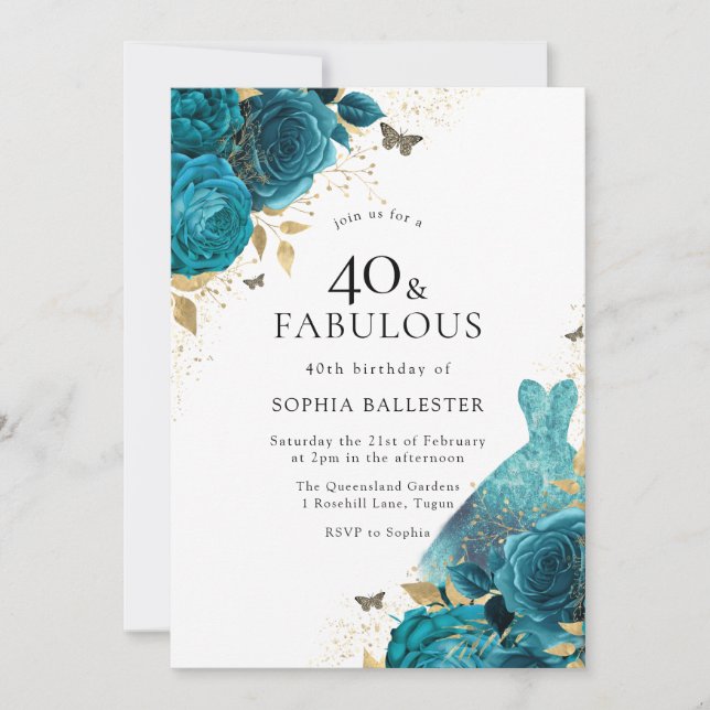 Invitación Rosas del vestido de oro verde azulado 40 Fiesta d (Anverso)