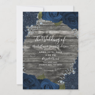 Invitación Rosas Diamantes de Denim Madera Rústica Encaje Cre
