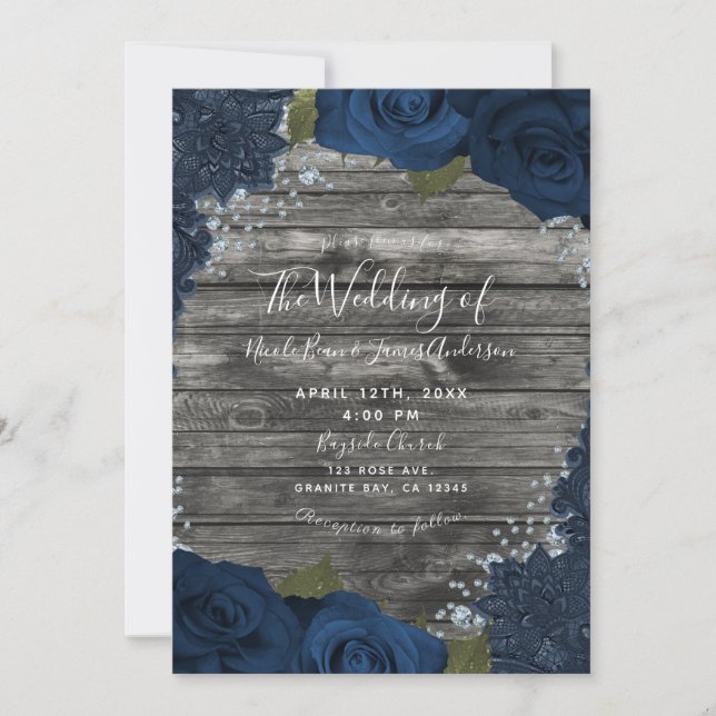 Invitación Rosas Diamantes de Denim Madera Rústica Encaje Cre (Anverso)