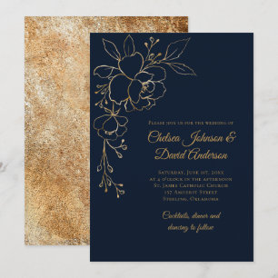 Invitación Rosas Dibujadas en Oro Elegante sobre Boda Azul Ma