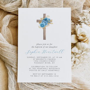 Invitación Rosas Doradas Azules Florales Cruz Niña Bautizo