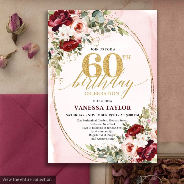 Invitación Rosas doradas boho románticas de Borgoña para 60 c (Romantic Boho Burgundy Gold Roses 60th Birthday)