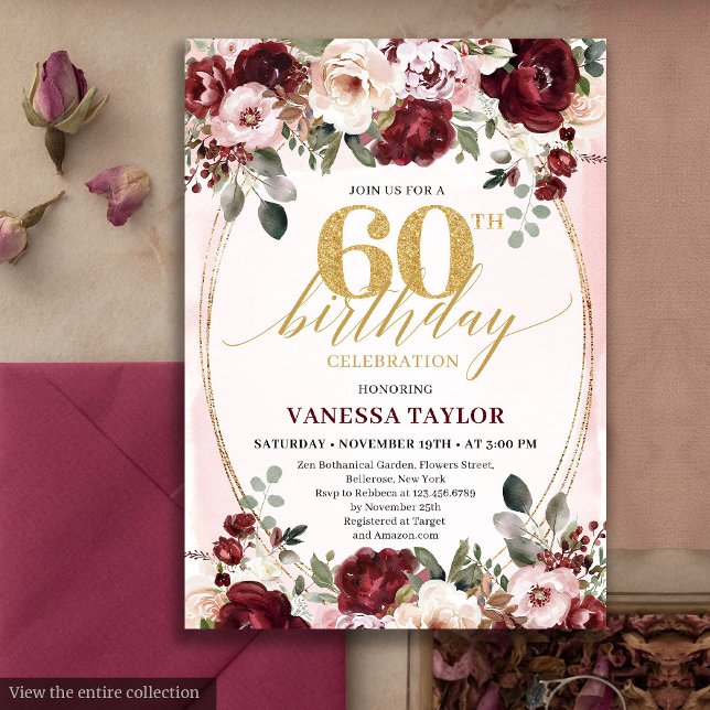 Invitación Rosas doradas Boho rústico Burgundy cumpleaños 60 (Rustic Boho Burgundy Gold Roses 60th Birthday)