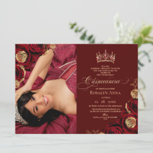 Invitación Rosas Doradas de Borgoña Princesa Quinceañera