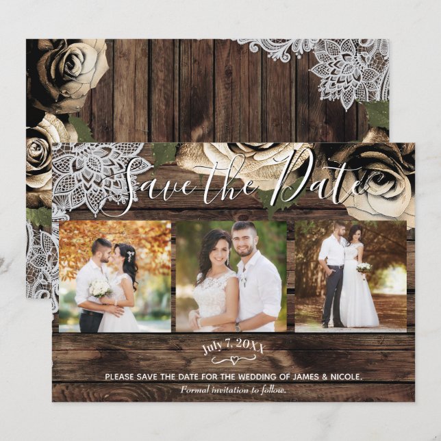 Invitación Rosas Doradas de Madera Rústica Mínima Foto Guarda (Anverso / Reverso)