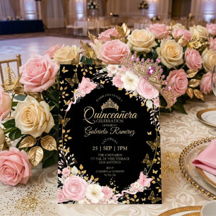 Invitación Rosas doradas de quinceañera rosa sonrojado y negr