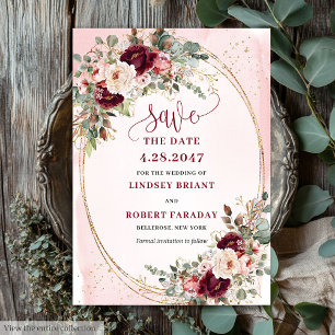 Invitación Rosas doradas de tono burgundy boho floral para gu