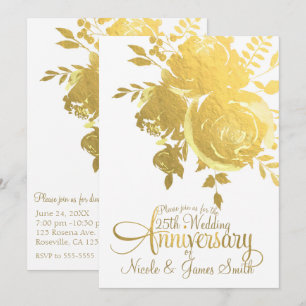 Invitación Rosas Doradas Faux Foil Floral Elegante Aniversari