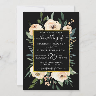 Invitación Rosas doradas Florales Beige Rubor sobre Boda Negr