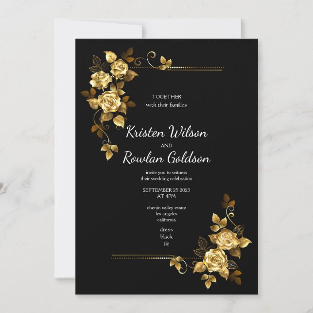 Invitación Rosas Doradas Flores sobre Negro (Anverso)