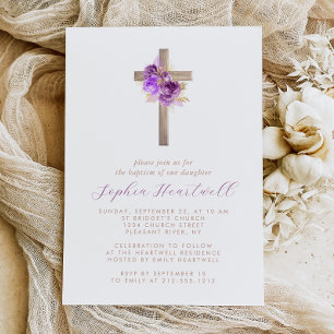 Invitación Rosas doradas púrpura florales Cruz Bautizo de niñ