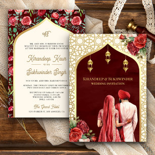 Invitación Rosas doradas rojas Floral Anand Karaj Boda Sikh