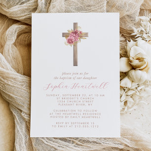 Invitación Rosas Doradas Rosadas Florales Cruz Niña Bautizo