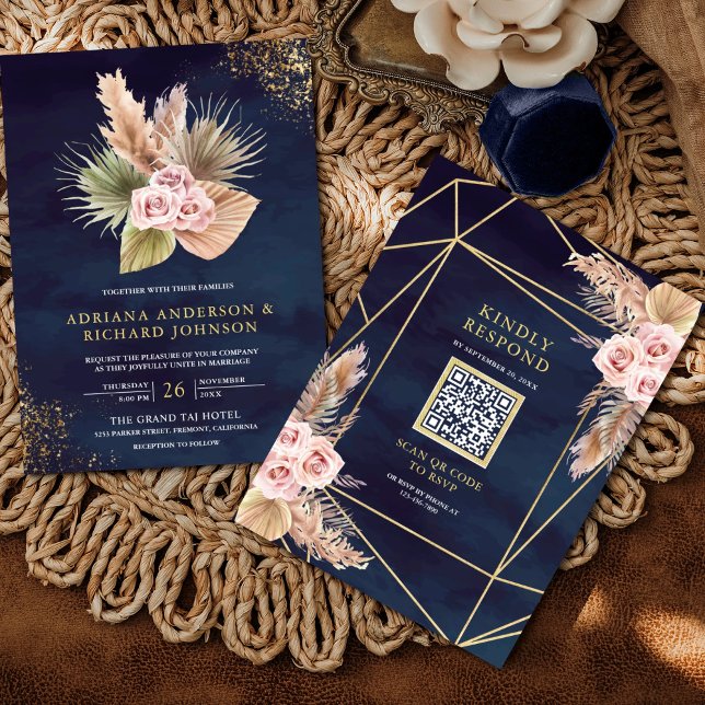 Invitación Rosas Dusty Pink Pampas Azul Marino Código QR Boda (Subido por el creador)