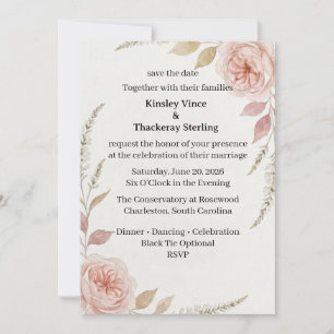 Invitación Rosas Dusty Rose, Follaje Acuarela, Li Botánico